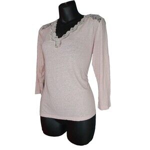 NYDJ Women's Long Shirt Top Pull Over Embroidered Long Sleeve V-neck  Pale Pink